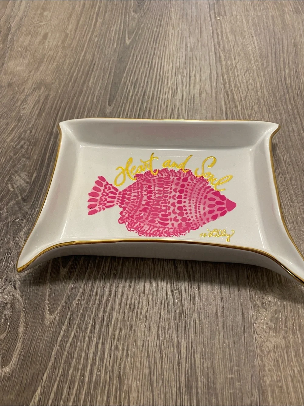 Lilly Pulitzer Heart and Soul Porcelain Trinket Jewelry Tray Pink Fish Gold Trim